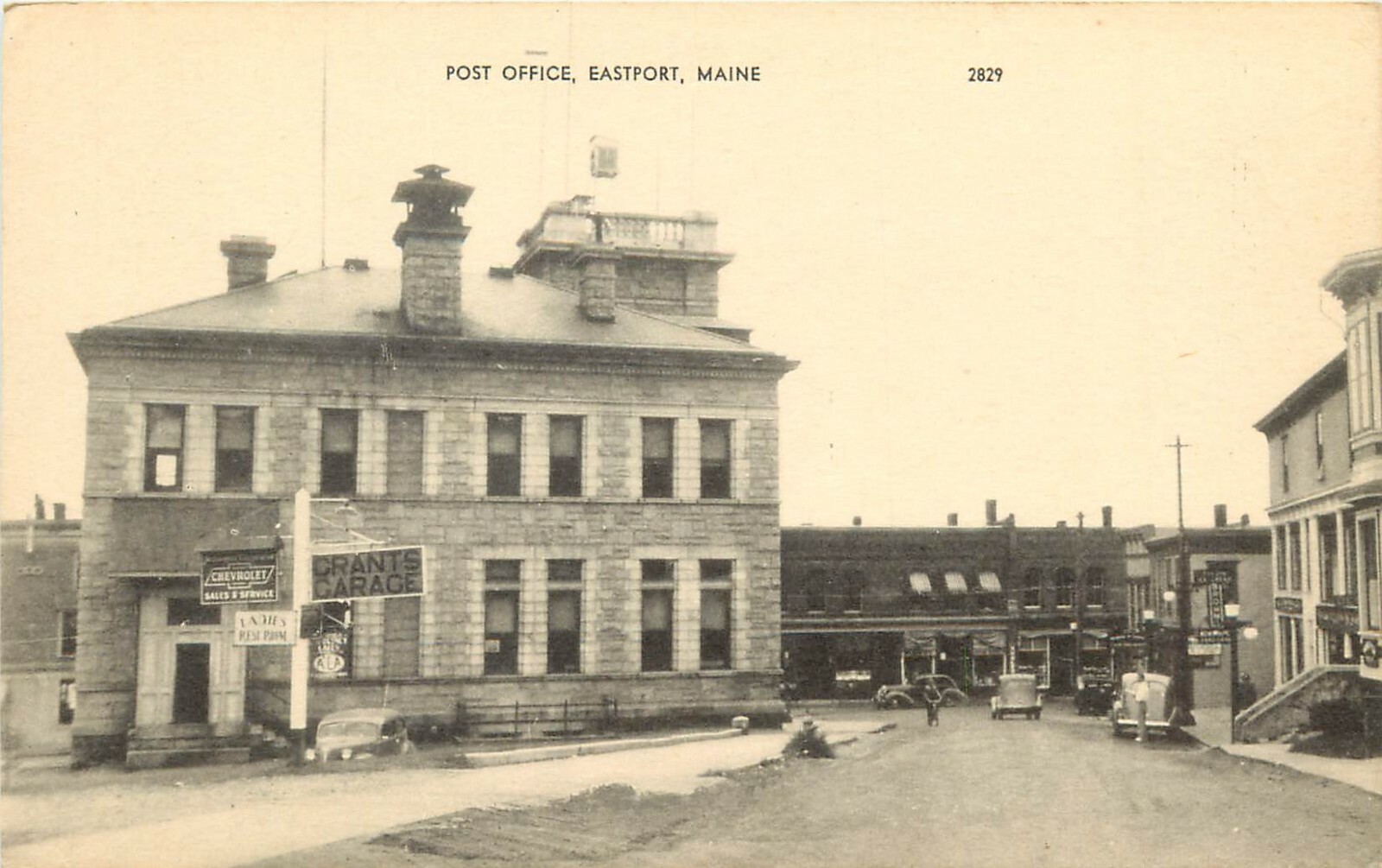 1930s Postcard; Eastport ME Post Office, Grants Garage Chevrolet Sales