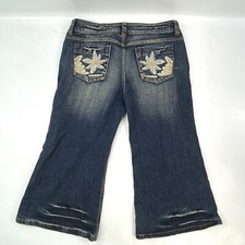 Flowers Dark Blue Washed Capri Wide Leg Embroidered Fashion Women's Denim Jeans