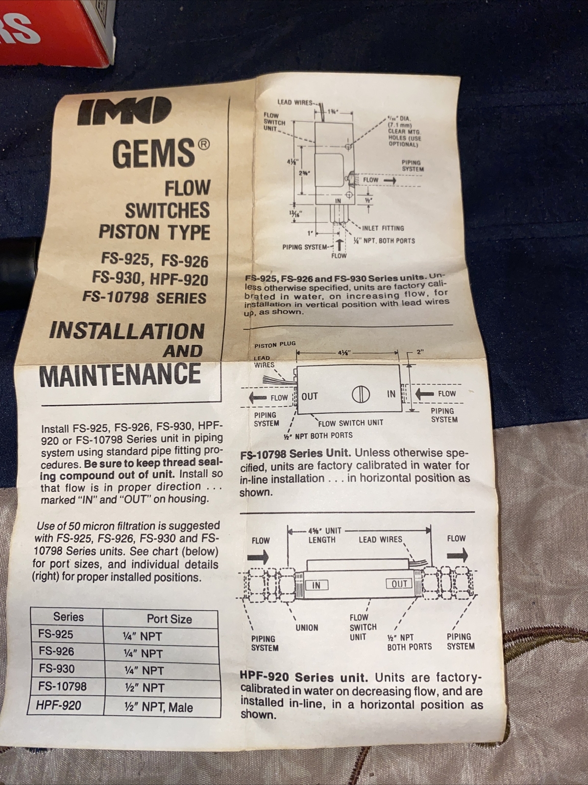 NEW IMO Industries GEMS SENSORS HPF920 Brass Flow Switch For Water