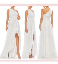 Mac Duggal 10825 Sequin One Shoulder High Low Gown SZ 6 White