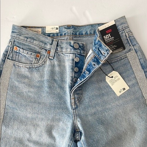 Pantalones de mezclilla Levis 501 originales recortados buenos como plateados lavados claros pedrería 28 x 28 - Imagen 2 de 11