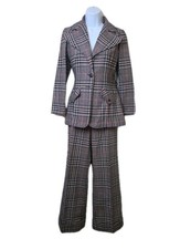 Vtg 1970s Pant Suit Plaid Blazer Trouser Career Academic Modern Juniors Sz 7 XXS