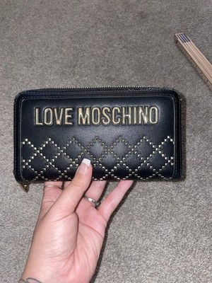 Love Moschino Black Studded Zip Around Wallet Red Logo Lining Continental Wallet