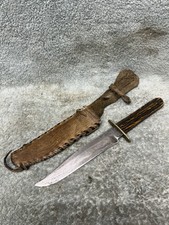 Antique John Newton & Co Sheffield England Bowie Hunting Knife w/ Stag Handles