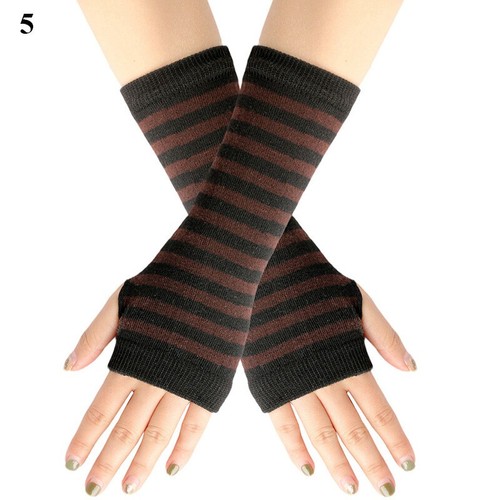 Fingerless Thumb Gloves Arm Warmers Striped Ladies Women Mitten 25 colors - Picture 12 of 37