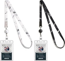 Cute Lanyard id Holder Durable Retractable Large, Black and White Marble