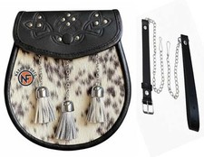Scottish Real Cowhide Leather Kilt Sporran 3 Tassels Chain Belt