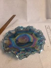 Indiana Glass Vintage Blue Iridescent Carnival Glass Diamond Ruffle   Bowl 10 "