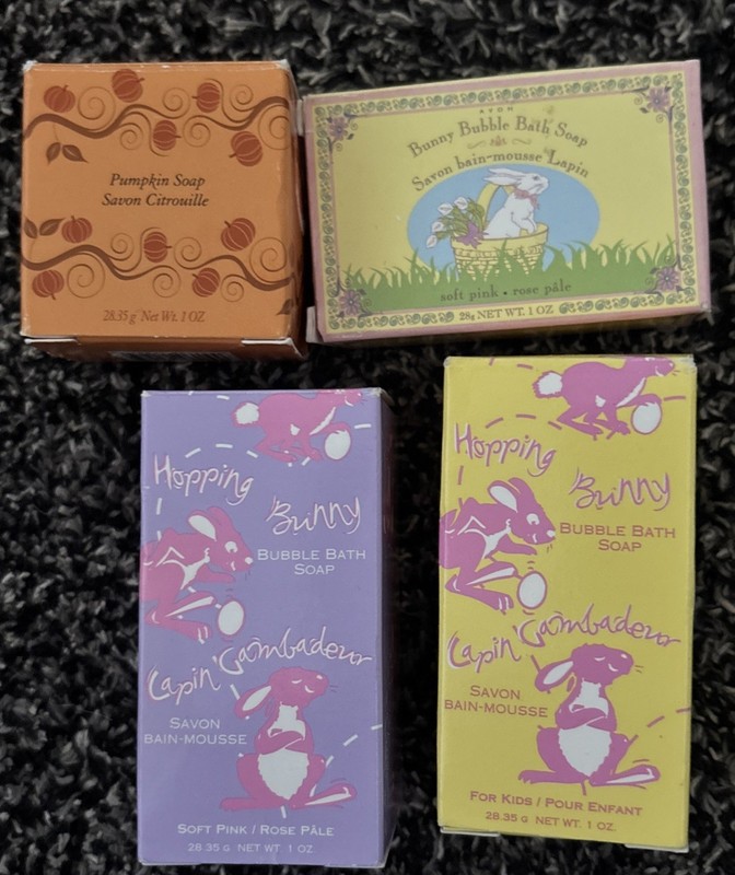Lot Of 3 Vtg AVON HOPPING BUNNY Rabbits BATH SOAP BOXES -plus 1 Vtg Pumpkin Soap