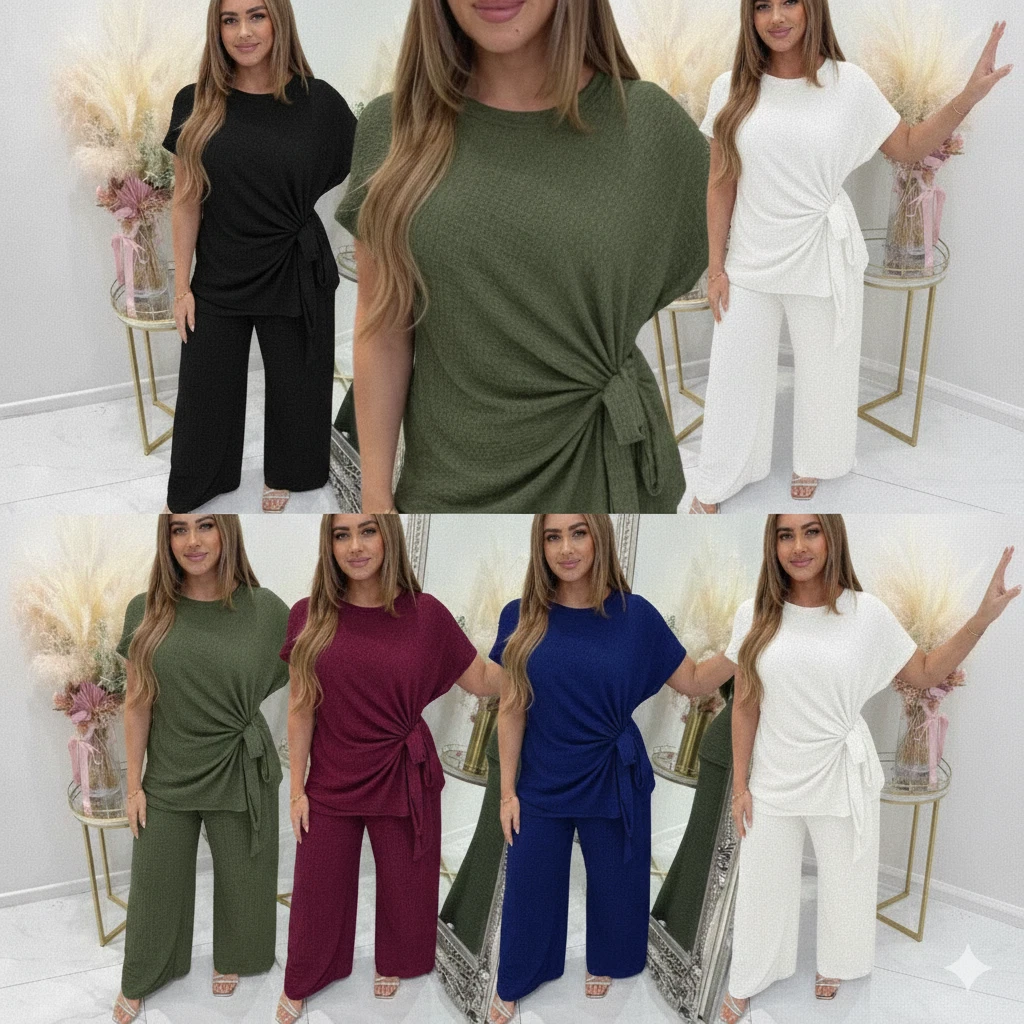 Ladies 2-Piece Cheesecloth Co-Ord Set Round Neck Side Knot Top & Trousers
