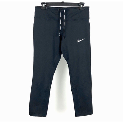 Nike Dri-Fit Crop Leggings M Black Tie Waist Zip Pocket Active Gym Running