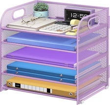 5 Tier Paper Organizer with Handle, Metal Mesh Desk Organizer File Folder Paper 