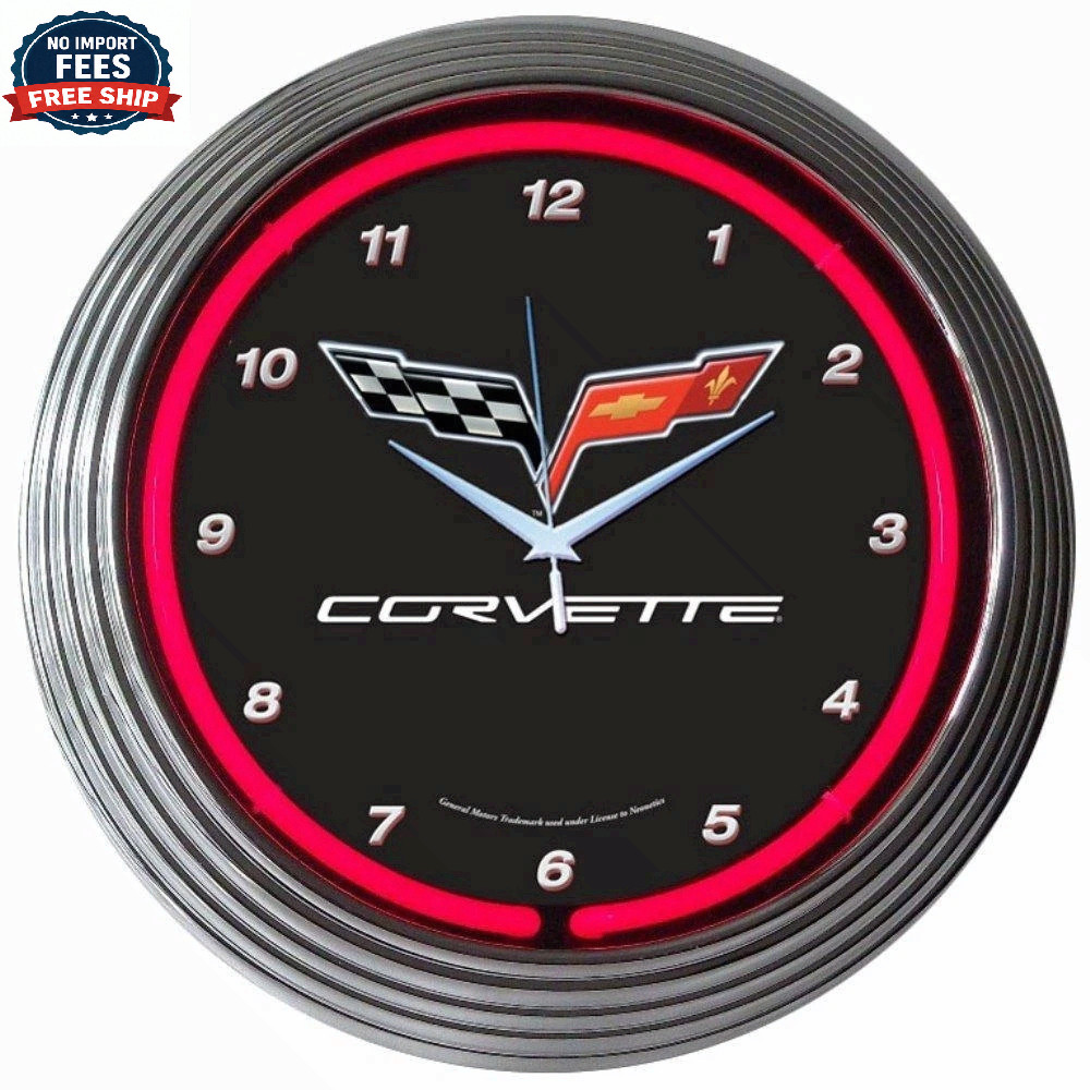 Corvette C6 Checkered Neon Clock 15"x15" - FASTSHIP US
