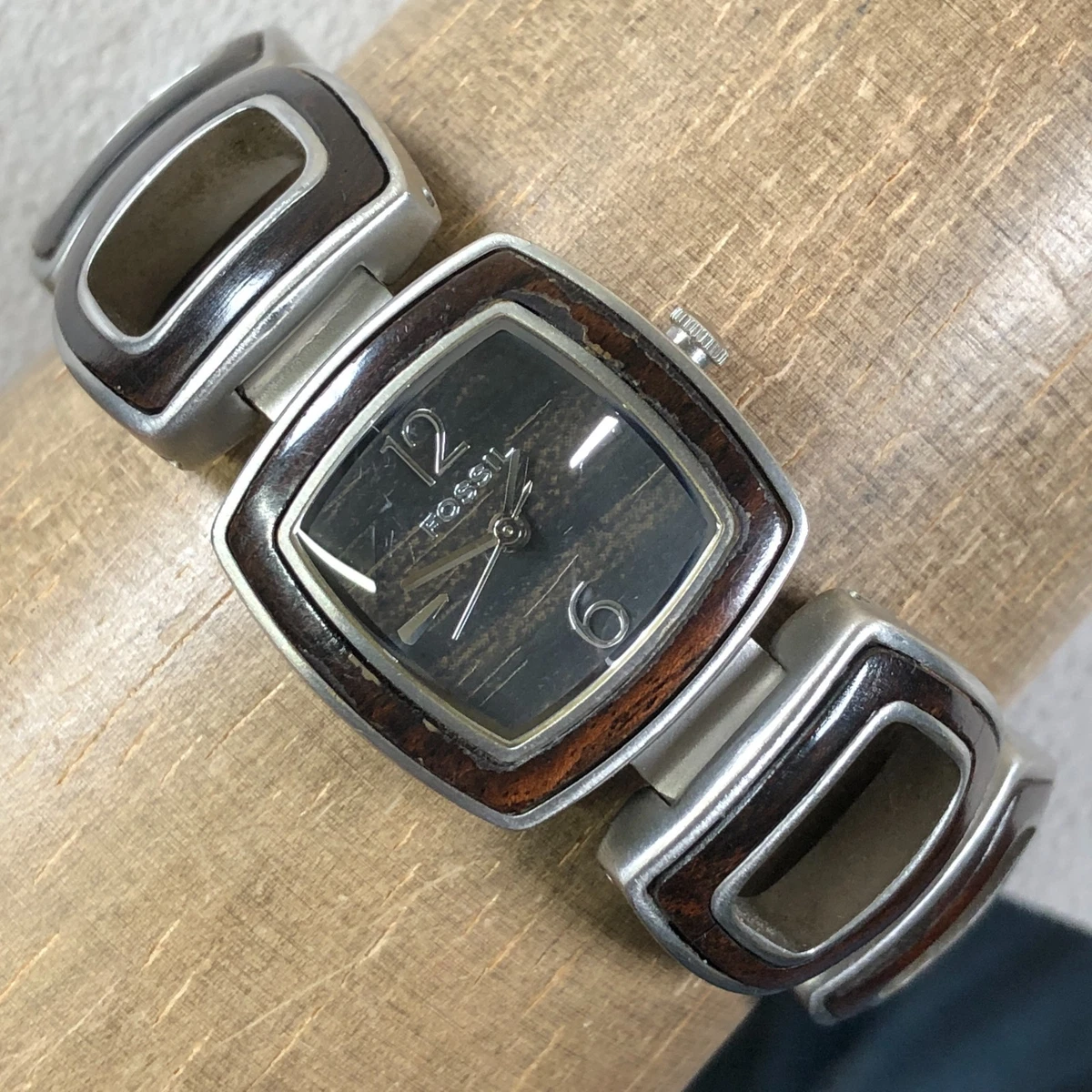 Fossil WOODGIRL Square Face Brushed Stainless Steel Wood Detail Wrist Watch Fossil Wood Case Wristwatches for sale | eBay main image 3