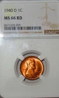 1940 D NGC MS66 RD Lincoln Wheat Cent Coin