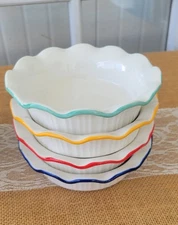 Mini Pie Pan, Set of 4, Ceramic Pie Dish, White w/Fluted 4 Different Color Rims