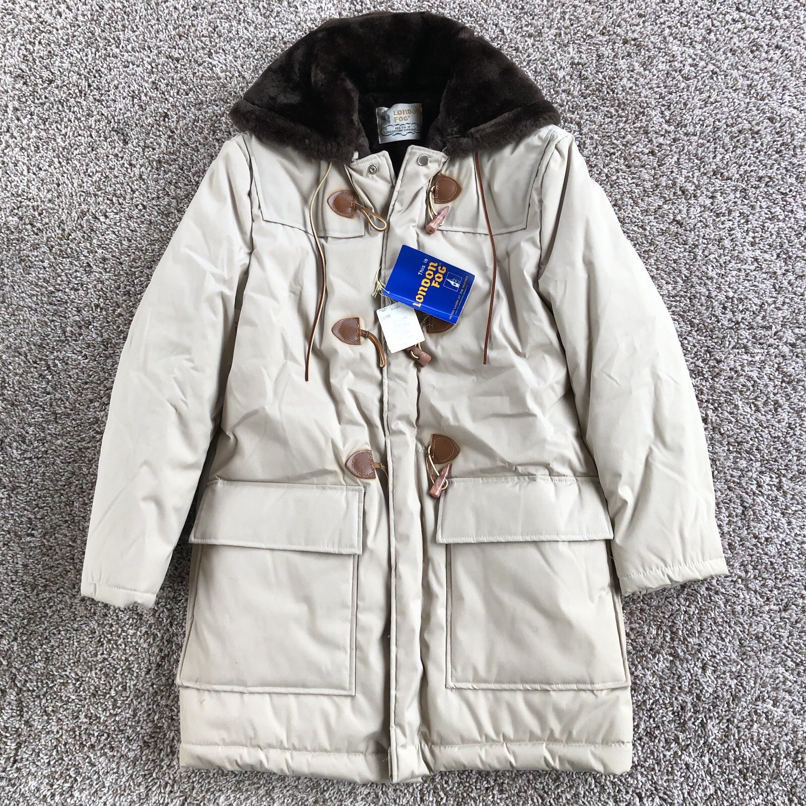 Vintage London Fog Faux Fur Lined Hooded Toggle Coat Beige Tan Union Made USA