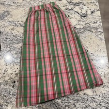 J CREW Midi Skirt 16 Pink Green Plaid Check Organic Cotton Button Front Pocket
