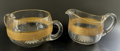 Vtg Jeanette Cream Sugar Set Clear Glass Gold Trim Cut Glass Starburst Bottom