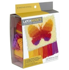 Latch Hook Kits DIY Crochet Orange, red, and purple butterfly kit with yarn.