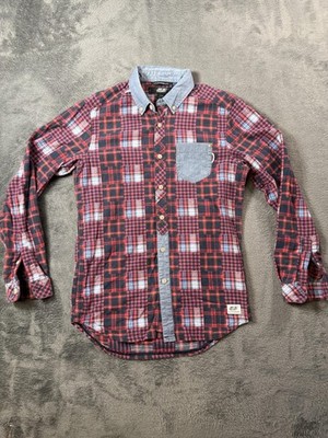 55DSL Shirt Mens Medium Red Plaid Patchwork Long Sleeve Button Down Diesel