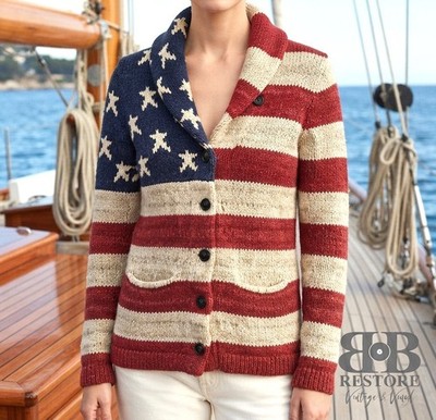 RALPH LAUREN Damen Designer USA Strickjacke Gr. S Flagge Vintage HAND KNIT