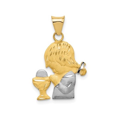 14k Gelbgold Rhodium Anhänger Mädchen betender Kelch Hostie Erstkommunion Medaille