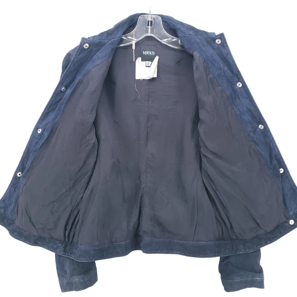 VERSUS VERSACE 2000 Collection Navy Blue Suede Leather Jacket Size 28/42 - Image 3 of 4