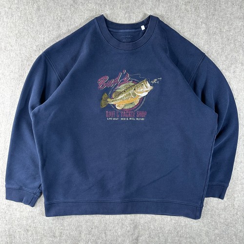 Croft and Barrow Men's Embroidered Fishing Bass Sweatshirt Navy Blue Crewneck - 第 1/9 張圖片