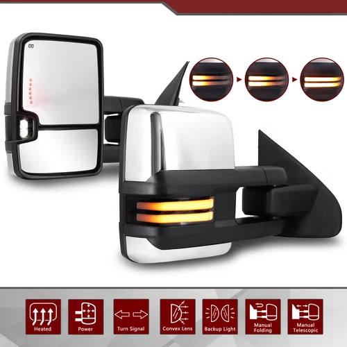 Power Heated Dynamic Signal Chrome Tow Mirrors For 14-18 Silverado GMC Sierra