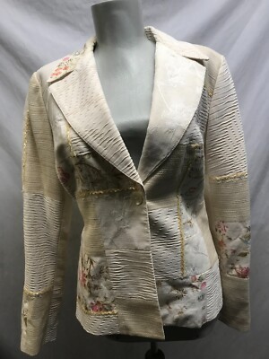 Vintage Alberto Makali Women Beige Floral Patch Open Front Designer Jacket Size6