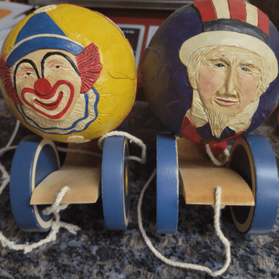 Signed BRIERE Folk Art Pull Toy 1988 Circus Clown and Uncle Sam Ball with Cart C