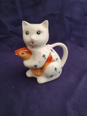   Vintage Chinese Floral Cat Koi Gold Fish Porcelain Ceramic Teapot Creamer 6''