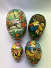 4 Vintage German  Paper Mache Easter Egg 4' - 9" Candy Containers DUCK RABBIT