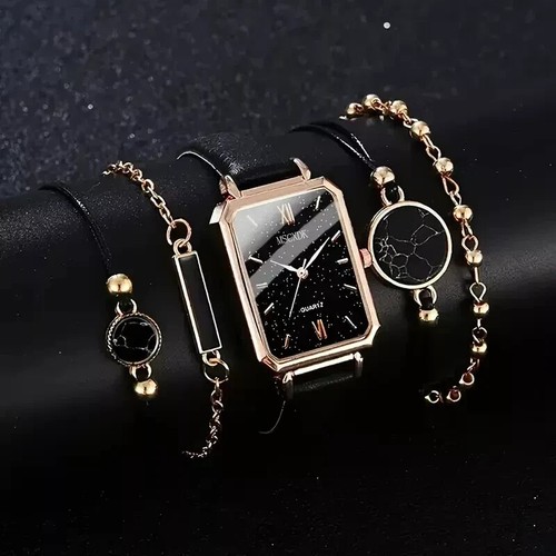 Watch Set + 4 Women's Quartz Bracelets Dial Jewelry Leather Fashion Black Gift - Picture 4 of 8
