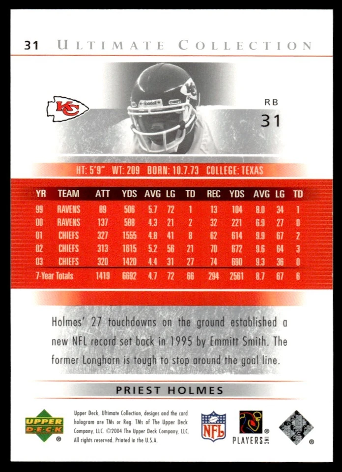 2004 Upper Deck Ultimate Collection Priest Holmes /750 Kansas City Chiefs #31 - Image 2 of 2