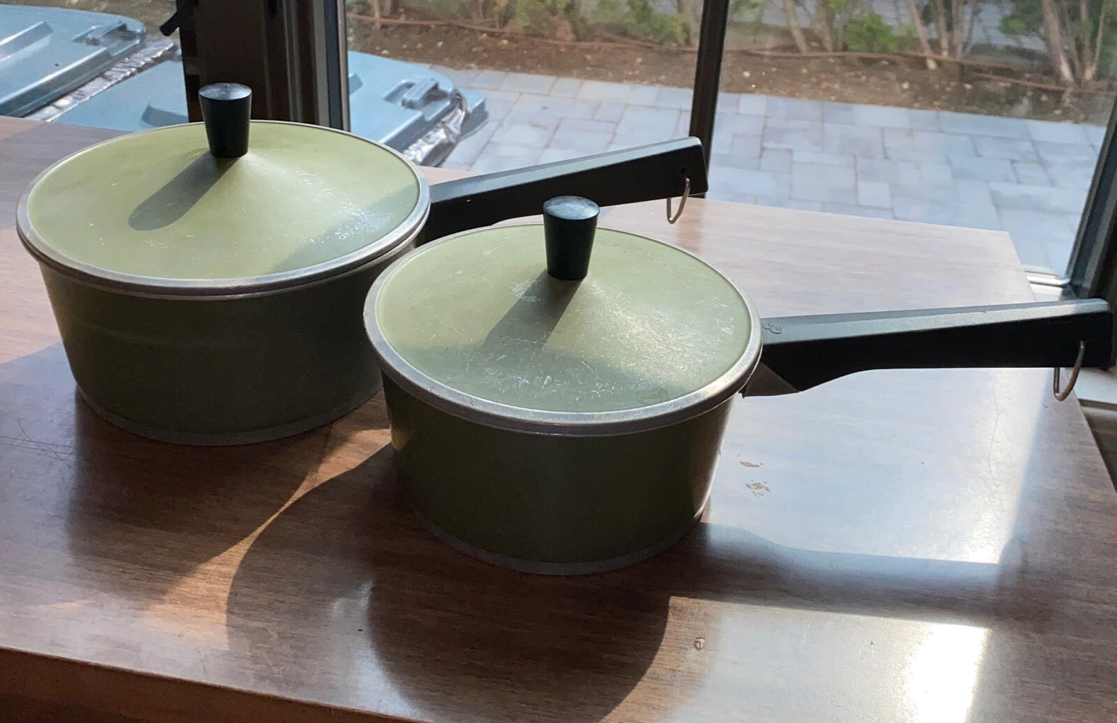 Graham Kerr 2 Pots With Lids MCM Green Enamel Australia Sauce Pan Black Handle