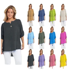 Ladies Women Italian TurnUp Sleeve Linen Cotton One Button Front Casual Wear Top