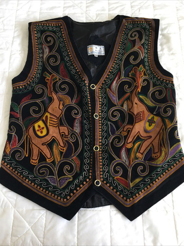 1990's Hua Ling Woman’s Vest, Velvet, Asian Design, Elephants, Buttons, M-L
