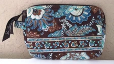 VERA BRADLEY QUILTED ZIPPER MAKEUP POUCH PLASTIC LINED TURQUOISE & CHOCOLATE