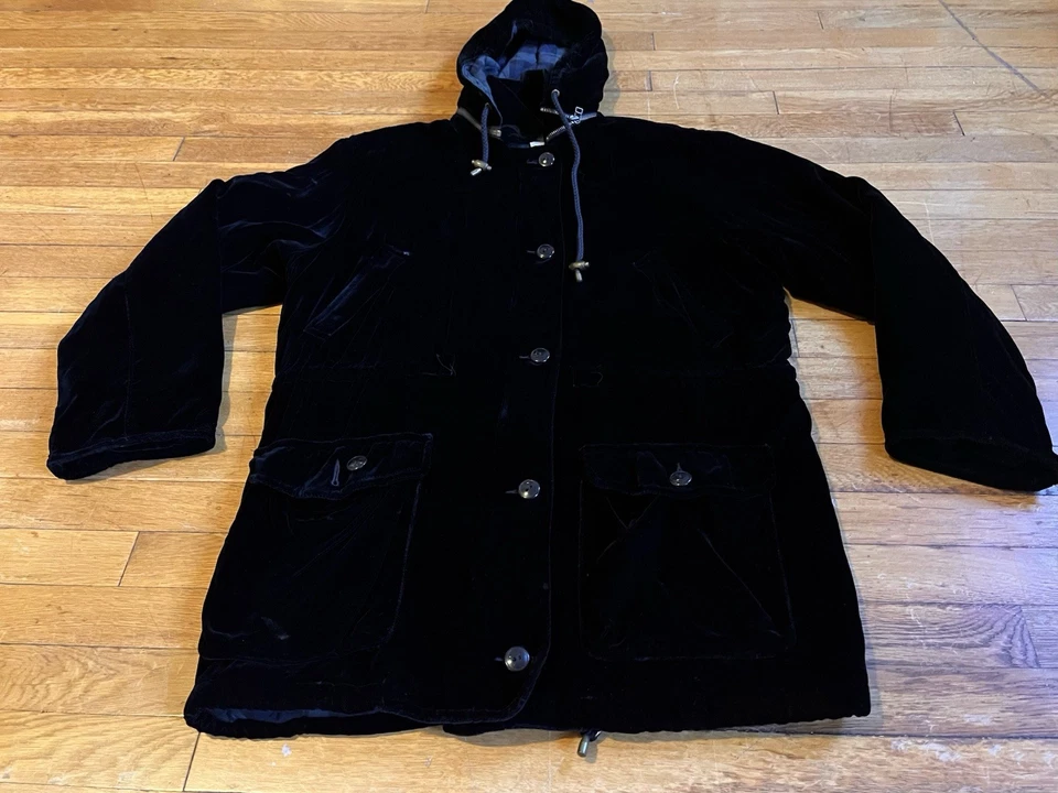 复古 Banana Republic 丝绒夹克女式 M 黑色连帽羊毛衬里 90 年代 — 第 2/4 张图片