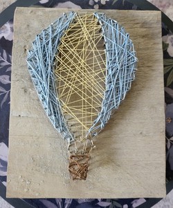 Vintage Hot Air Balloon String Nail Art on Barn Wood. Collectible, Blue / Yellow