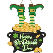 St. Patrick's Day Wooden Door Sign with Leprechaun Feet and Shamrock Decor