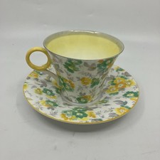 Vintage Shelley Chintz Teacup Round Handle Yellow Green Rose Floral