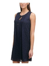 TOMMY HILFIGER Womens Textured  Sleeveless Keyhole Short Shift Dress