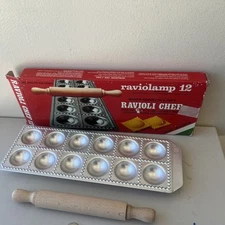 Raviolamp 12 Ravioli Chef Mold Maker. Made in Italy~Wood Roll Pin~