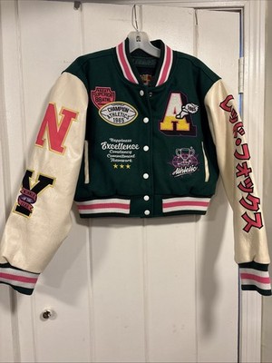 Red Fox Wool Blend Crop Varsity Patchwork Graphic Retro Y2k Jacket Sz med
