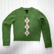 Abercrombie Kids Argyle Sweater Green Pink 80 Lambswool Blend Medium Y2K