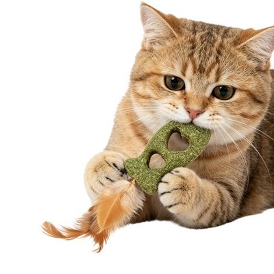 Natural Fish-shaped Toy with Feather Interactive Kitten Molar Chew Play Toy