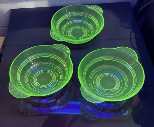3 Vintage Uranium Glasses, Anchor Hocking "Banded Rings" Green Depression Bowls